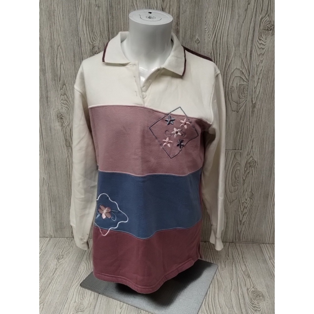 Bonnie Evans Sport M Pullover Sweater Long Sleeve White Red Blue Stripe Floral